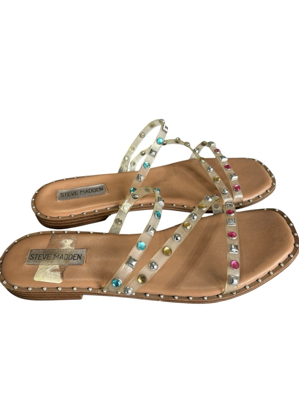 Steve Madden Clear Strap Sandals-Silver Studs & Color Rhinestones I Size:9.5